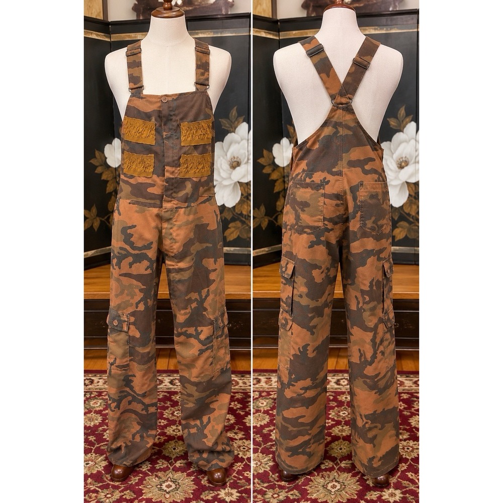 Vintage Bass Pro Shops Camo Hunting Bib Overalls XL Tall USA Made Woodland